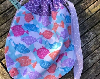 Little Fishes and mauve waves drawstring lined Project Bag for knitting or crocheting / Wash Bag