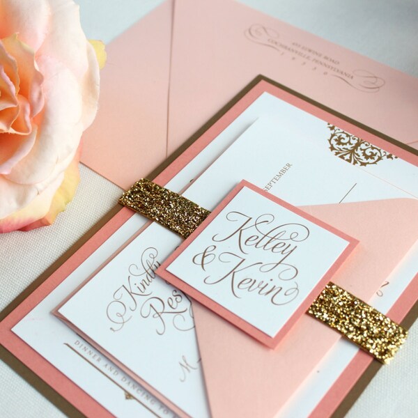 Peaches and Cream Panel Invitation Suite - Peach Wedding Invitation, Ivory, Cream, Gold and Peach Wedding Invitation, Glitter, Blush