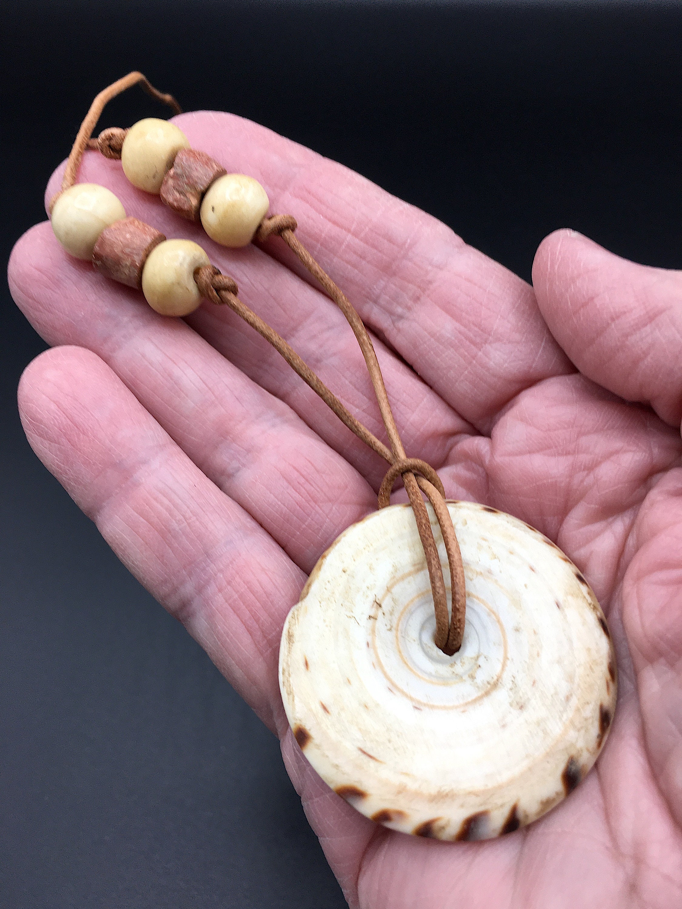 Good Shell Amulet Necklace With Dayak Shell Amulet, Bone and Jasper Beads on Leather Cord ...