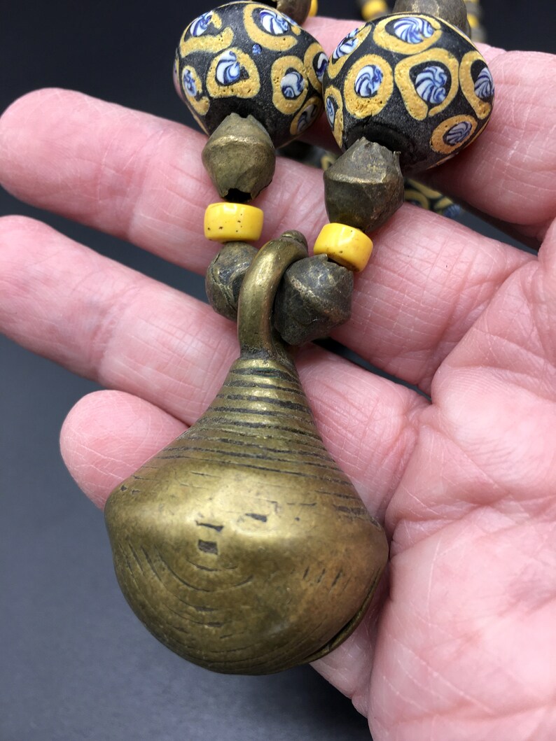 Brass African Bell Amulet Necklace With Vintage African Trade Beads and