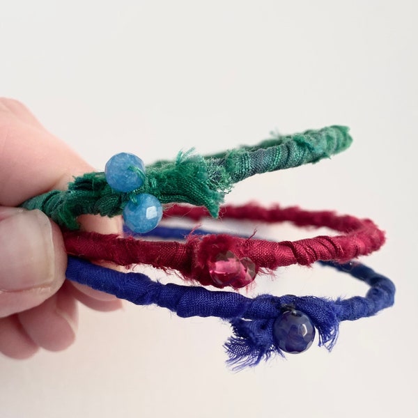 Blue, Red and Green Sari Wrapped Bangles with agate bead