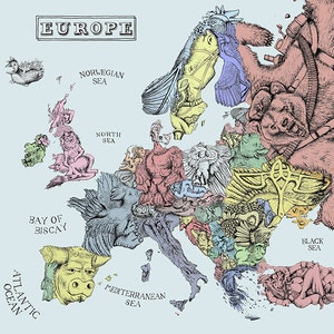 Illustrierte Landkarte Europa, verschiedene Größen zum ausdrucken