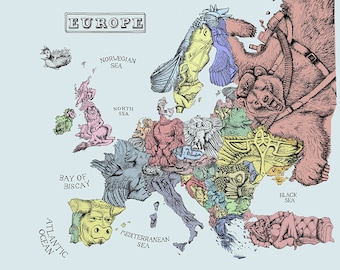 Illustrated map of Europe print various sizes