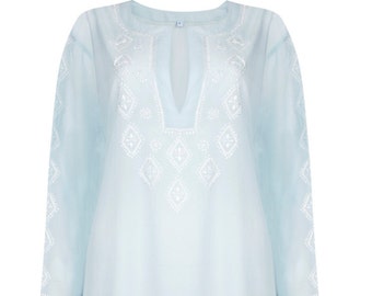 The Cleo - Long Blue Beach Kaftan/Maxi Dress, Cover-up, Caftan with Hand-Embroidery