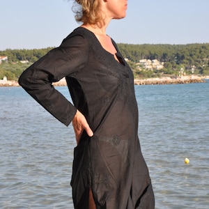 Black Beach Cover Up, Beach Kaftan / Caftan with Hand Embroidery - Knee Length