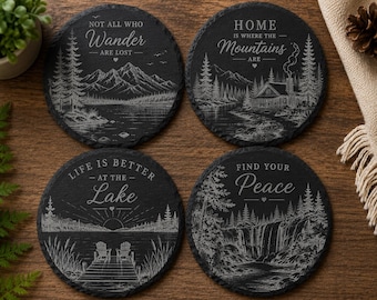 4 Laser Engraved Slate Coaster Set, 4x4 Slate, Personalized Family Gift, Custom Wilderness Design