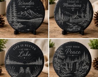 4 Laser Engraved Slate Coaster Set, 4x4 Slate, Personalized Family Gift, Custom Wilderness Design