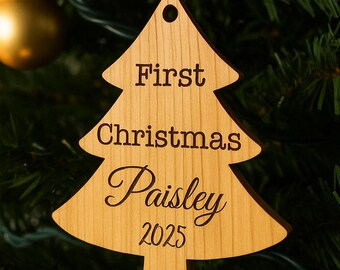 Personalized Cedar Christmas Tree Ornament, First Christmas Married