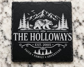 Personalized family name, slate coaster set, Engraved Slate Coaster Set, 4x4 Slate, Personalized Family Gift, Custom Wilderness Design