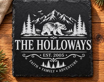 Personalized family name, slate coaster, 4 Laser Engraved Slate Coaster Set, 4x4 Slate, Personalized Family Gift, Custom Wilderness Design