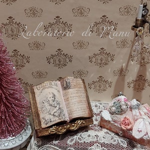 Dollhouse Antique Christmas Book, Miniature Romantic Pink Toile de Jouy drawer, 1:12 scale