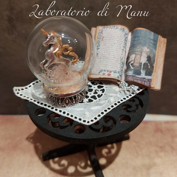 Dollhouse Unicorn in Glass Dome, Miniature Medieval Book, 1:12 scale