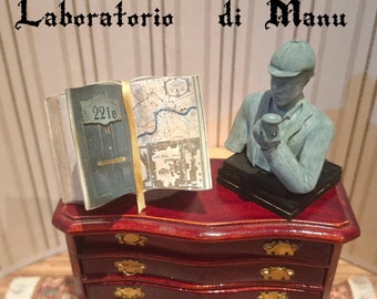 Dollhouse Bust of Sherlock Holmes, Miniature Book Map/Home Address Sign, scale 1:12