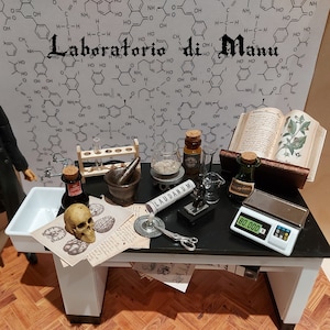 Dollhouse Chemistry Laboratory, Miniature Laboratory Table Inspired by Sherlock Holmes, scale 1:12