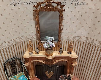 Dollhouse Miniature Fireplace with Gilded Mirror, 1:12 scale