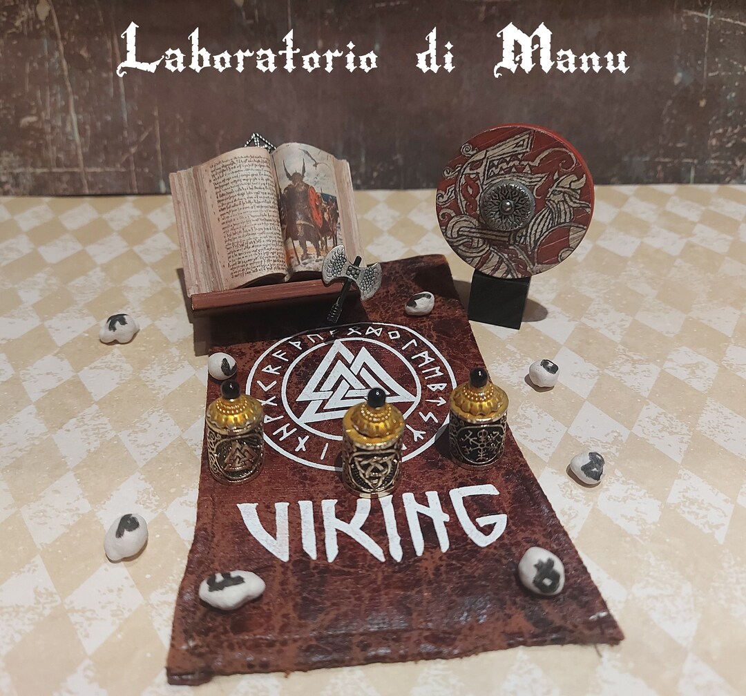 Dollhouse Vikings Book With Lectern, Miniature Shield/runic Carpet