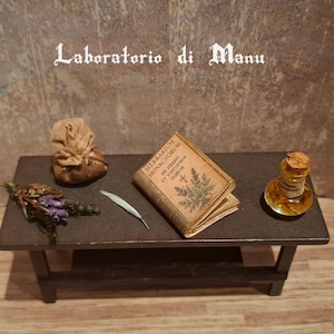 Könnte beinhalten: Ein kleiner dunkelbrauner Holztisch mit einem beigen Stoffbeutel, einem Zweig aus getrockneten violetten und grünen Kräutern, einem einzelnen grünen Blatt, einem Miniaturbuch mit dem Titel Herbarium Monachorum und einer kleinen Glasflasche.
