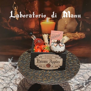 May include: A black wooden box with a label that reads "Evil Queen Brand Sleeping Death Guaranteed Poison Apples". The box contains a small bottle of red liquid, a few red apples, a scroll, and a small cake with a spider web design and the word "Book" on a red card.