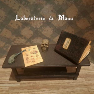 Peut inclure: Une table miniature en bois brun foncé avec un petit crâne humain, une fiche anatomique rectangulaire du cerveau humain et un livre épais à couverture sombre avec une étiquette dorée Atlas Anatomics MDCCCLXXXVII. Le texte Laboratorio di Manu est visible.