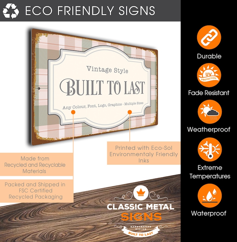The image is an advertisement for eco-friendly signs, featuring a vintage style sign with the text "BUILT TO LAST" and highlighting its durability, fade resistance, waterproofing, and environmentally friendly inks.