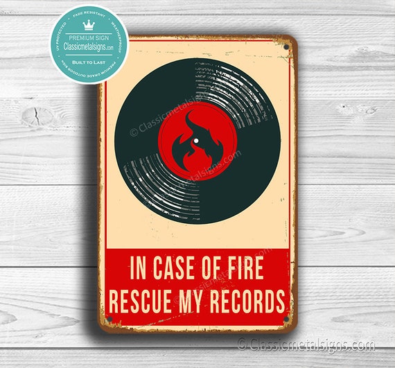 In Case of Fire Rescue My Records Sign, Vintage Style Fire Sign