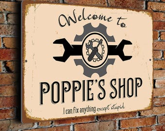 Poppie’s Shop Sign: for Garages or Workshops, Vintage Inspired Personalized Wall Accent