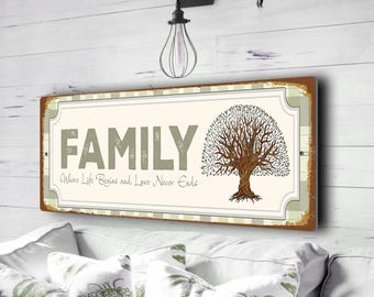 Family Where Life Begins Sign | Vintage Style Aluminum Home Decor, Anniversary & Wedding Gift