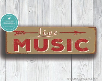 LIVE MUSIC SIGN, Live Music Signs, Vintage style Live Music Sign,  Music, OutdoorMusic Sign with Directional Arrow. Live Music Pointer Sign