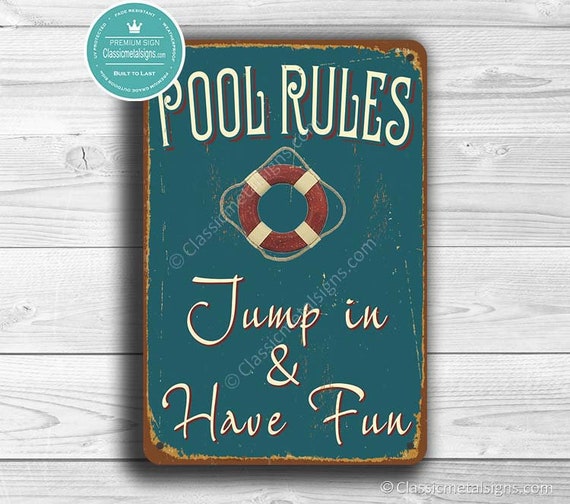 Regole della piscina Jump In Divertiti Retrò Cartello decorativo decorativo  pubblico in legno per la recinzione della porta di casa Targhe da parete  vintage Decorazione (5x10 pollici)