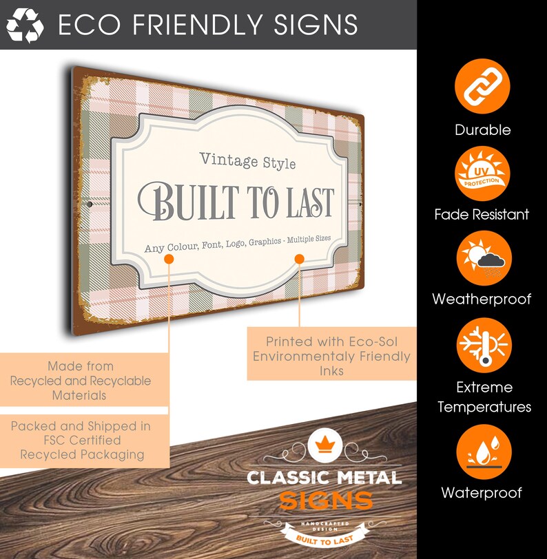 The image is an advertisement for eco-friendly signs, featuring a vintage style sign with the text "BUILT TO LAST" and highlighting its durability, fade resistance, waterproofing, and environmentally friendly inks.