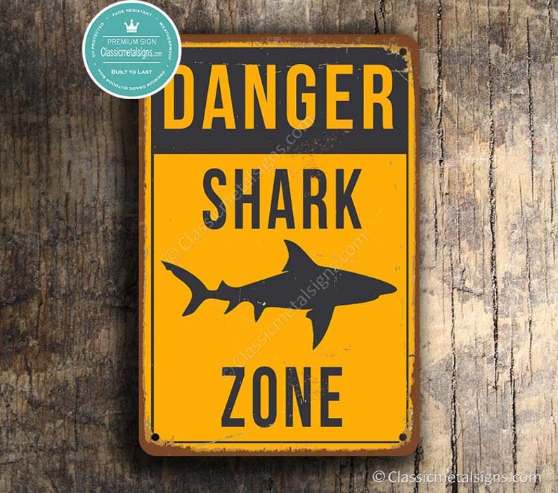 SHARK ZONE SIGN, Shark Zone Signs, Bar Signs, Vintage style Shark Zone Sign, Shark Signs, Shark Decor, Man Cave Decor, Danger Shark Zone image 2