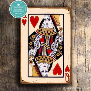 Insegna da parete QUEEN of HEARTS, Insegna da parete in stile vintage Queen of Hearts, Insegna da parete con carte da gioco Queen of Hearts, Insegna artistica da parete Queen of Hearts