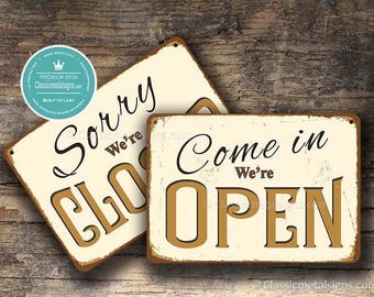 Vintage Open Closed Sign: Elegant Off White Gold Shop Door Retro Decor