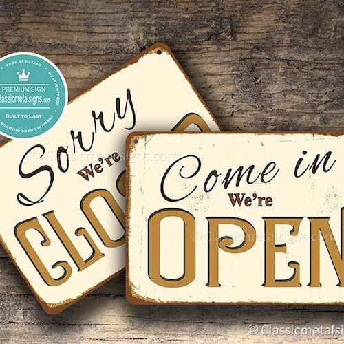 Vintage Open Closed Sign: Elegant off White Gold Shop Door Retro