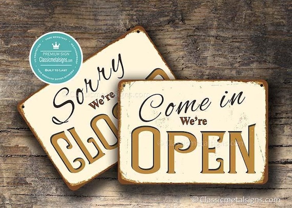 Vintage Open Closed Sign: Elegant off White Gold Shop Door Retro
