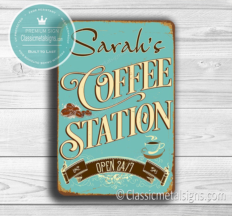 CUSTOM COFFEE STATION Sign, Personalized Coffee Station Sign, Vintage style Coffee Station Sign, Customizable Signs, Coffee Station Decor image 1