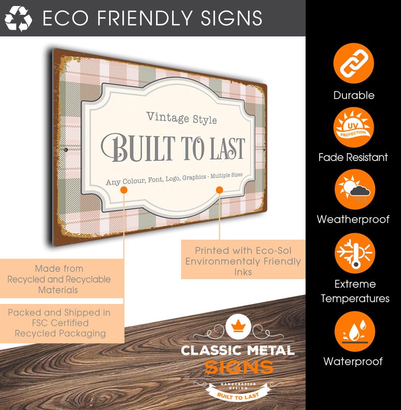 The image is an advertisement for eco-friendly signs, featuring a vintage style sign with the text "BUILT TO LAST" and highlighting its durability, fade resistance, waterproofing, and environmentally friendly inks.