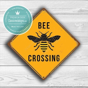Bee Crossing Sign: Yellow Vintage Look - Outdoor Durable