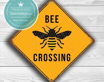 Bee Crossing Sign: Yellow Vintage Look - Outdoor Durable