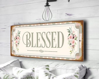 Blessed Sign | Vintage Floral Farmhouse Plaque, Aluminum Composite Wall Art, House Blessings