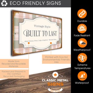 The image is an advertisement for eco-friendly signs, featuring a vintage style sign with the text "BUILT TO LAST" and highlighting its durability, fade resistance, waterproofing, and environmentally friendly inks.