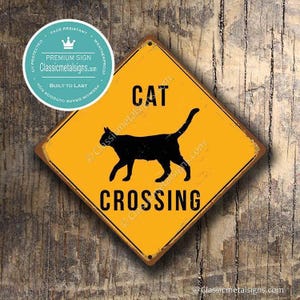Vintage Cat Crossing Sign - Rustic Yellow, Weatherproof Metal image 2