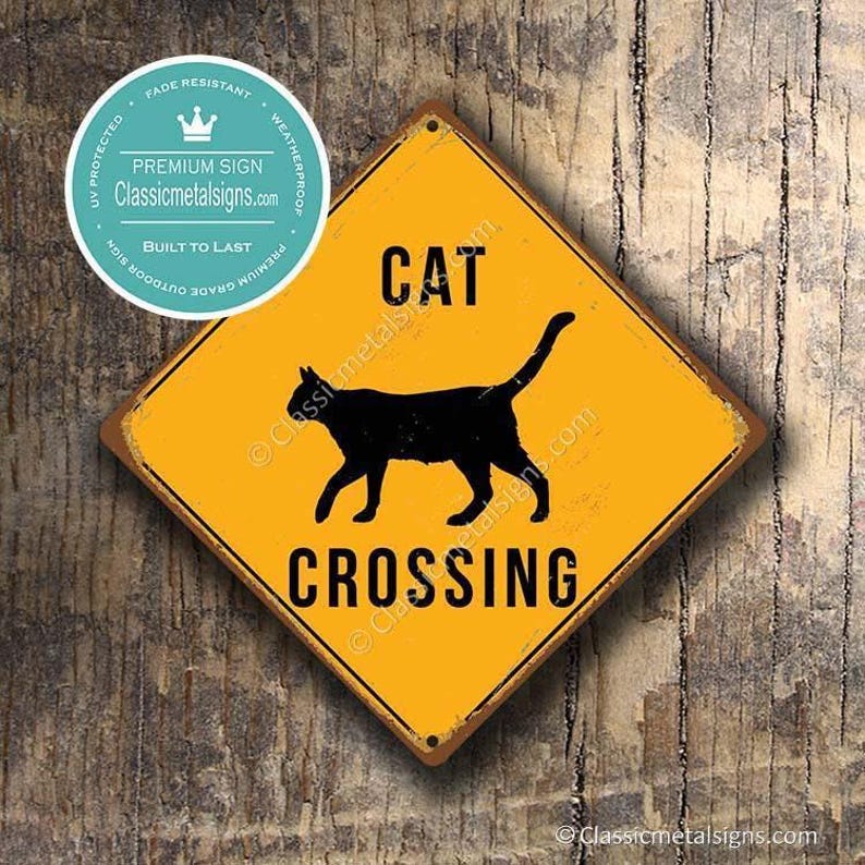 Vintage Cat Crossing Sign - Rustic Yellow, Weatherproof Metal image 2