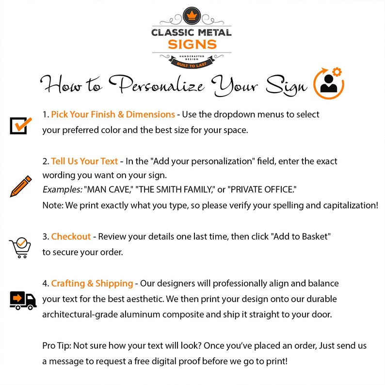 The image is a step-by-step guide on how to personalize a sign, providing instructions on selecting a finish and dimensions, entering text, and completing the order.