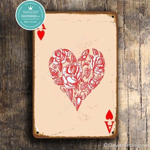 Cartello ASSO di CUORI, cartello da parete in stile vintage, cartello da parete Asso di Cuori, cartello da parete con carta da gioco Asso di Cuori, cartello da parete Asso di Cuori,