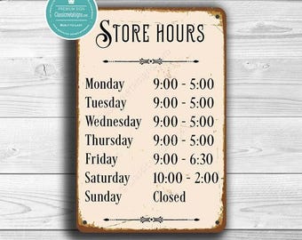 Vintage Style Store Hours Sign, Customizable Design (Indoor/Outdoor)