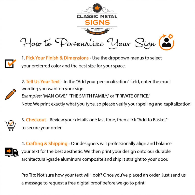 The image is a step-by-step guide on how to personalize a sign, providing instructions on selecting a finish and dimensions, entering text, and completing the order.