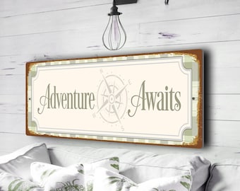 Adventure Awaits Sign | Rustic Travel Wall Decor | Durable Explorer Gift | Nursery & Office Art