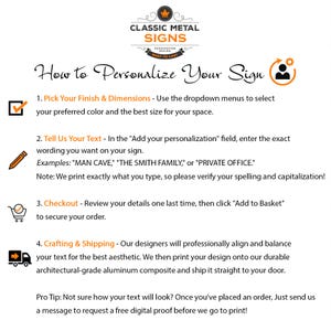 The image is a step-by-step guide on how to personalize a sign, providing instructions on selecting a finish and dimensions, entering text, and completing the order.