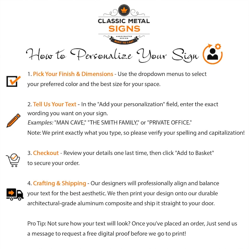 The image is a step-by-step guide on how to personalize a sign, providing instructions on selecting a finish and dimensions, entering text, and completing the order.